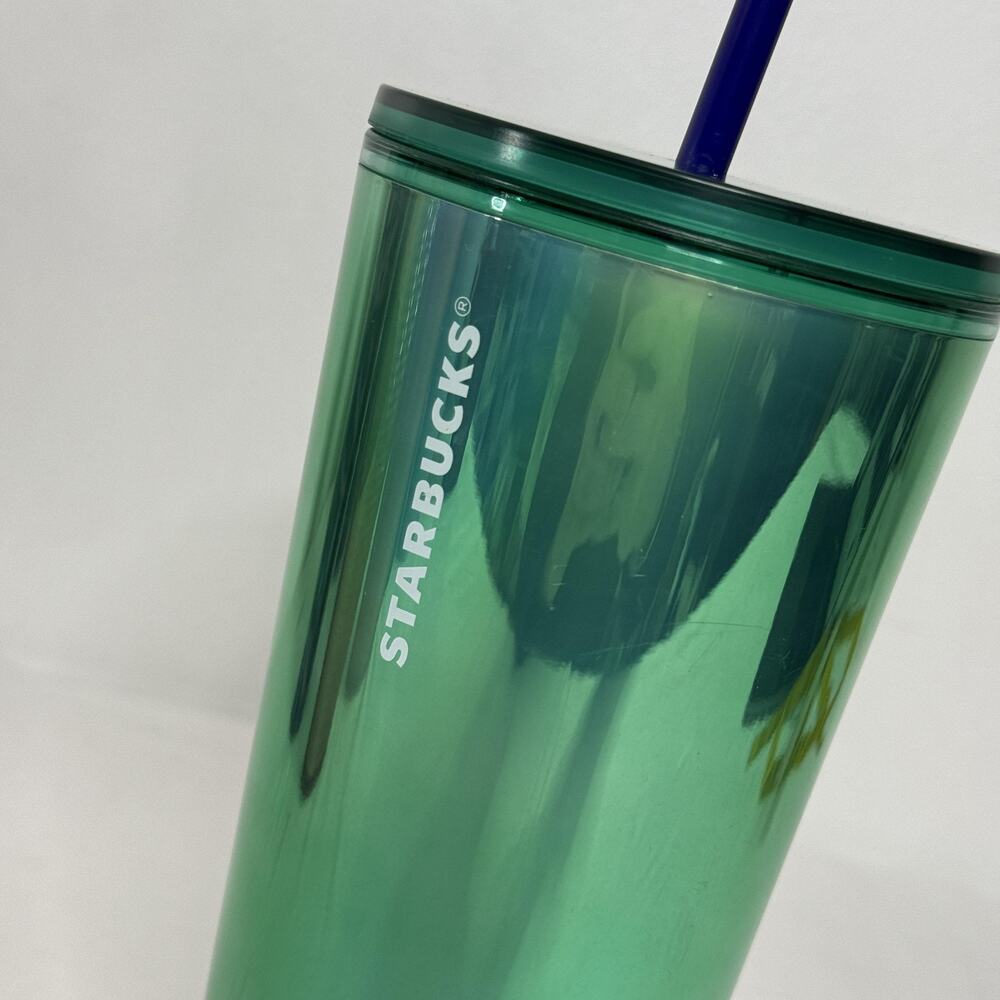 Starbucks Cold Cup Tumbler 24 oz Green Iridescent Reusable Plastic Lid Straw NEW
